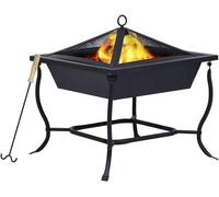 Foyer en acier, 42x42x45 cm, noir, avec revêtement en poudre. Convient pour l'intérieur ou l'extérieur (jardin ou terrasse), équipé d'une grille de protection et d'une pelle à bois. Peut également êtr