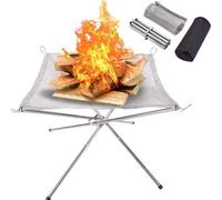 Foyer portable 56 * 56 * 43 CM - Panier de feu en maille d'acier inoxydable pliable - Sac de transport inclus - Panier de feu en maille d'acier pour BBQ et camping.