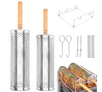 Foyucool Panier Gril Barbecue Roulant Inox Empilable | Acier inoxydable épais, poignée bois amovible anti-brûlure. Paniers roulants empilables pour viandes légumes jardin camping