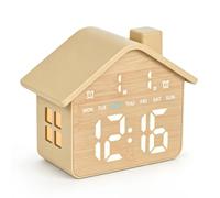 Foyucool Réveil Digital Forme Maison pour Chambre, Effet Bois | Horloge de Chevet LED sur Secteur avec Batterie de Secours, Veilleuse, Double Alarme, 5 Luminosités & Commande Sonore