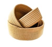 FQQWEE Lot de 3 petits paniers de rangement en corde de coton tissé kaki pour bureau, décoration ronde, paniers en corde de coton pour entrée, bijoux, jouets, clés
