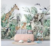 Fraîcheur Jungle Animaux Lion Éléphant Papier Peint 3D Installation Facile Intissé Tapisserie Bureau Salon Canapé Chambre Décoration Murale-150cm×105cm
