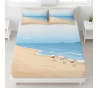 Frais Côte Drap Housse 180 x 200 cm Bonnets 30 cm, Parure de Lit Paisible Oiseau Plage pour Enfants Ado Adultes, Drap de Lit Microfibre Douce, Housse de Matelas Respirante