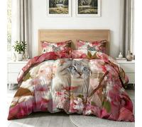 Frais Romantique Couvre-lit 135 x 200 cm, Dessus de Lit 2 Personnes avec Animal Chat Tigré Fleurs Motif Imprimé, jeté de lit Léger avec 2 Taies d'oreiller pour Toutes Les Saisons, Rose Blanc