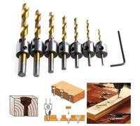 Fraise Bois Mèche à Bois Foret Conique HSS Acier à Haute Vitesse à Bois Aésoir Chanfreinage (7pcs, 3-10mm) Avec Clé Hexagonale