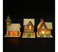 FRCOLOR Décoration Lumineuse Maison en Bois Noël 3pcs, Ornement Bricolage | Set de 3, Pile Bouton Incluse, Base Plate Stable, Table et Cheminée, Style Rustique Marron