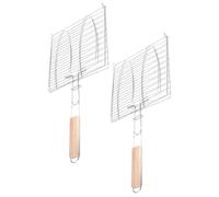 FRCOLOR Lot de 2 Paniers de Barbecue en Fil de Fer Poignée en Bois, Accessoires pour Griller Poisson et Viande, Faciles à Retourner, pour Barbecue en Plein Air