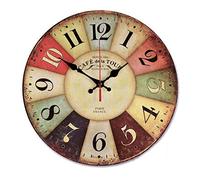 Frefgikty Horloge murale rétro en bois de 30,5 cm, décoration de ferme, silencieuse, sans tic-, horloge murale décorative - Grand bois atomique analogique à piles - Vintage rustique coloré Toscane
