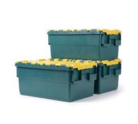 FRENAL Lot de 3 Bacs Navette 600×400×300 mm avec Couvercle, 60 L Vert Jaune | Bac Plastique Norme Europe HDPP, Couvercle Solidaire, Gerbable et Emboîtable pour Stockage, Transport et Logistique