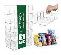 Freshmagis Lot de 5 bacs transparents avec séparateurs amovibles, empilables, dotés d'un support 4-en-1 pour placard, cuisine ou frigo - idéaux pour snacks, sachets, épices.