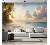 Fresque Murale Panoramique 3D Cocotier 200x140 cm Papier Peint Intissé Mat Haute Définition Facile à Entretenir Décoration Murale Plage Lever De Soleil Moderne pour Maison Salon Chambre 26A-0