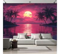 Fresque Murale Panoramique 3D Coucher De Soleil 350x256 cm Papier Peint Intissé Mat Haute Définition Facile à Entretenir Décoration Murale Palmiers Plage Moderne pour Maison Salon Chambre 26A-48