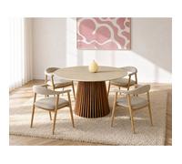 Freya - table à manger ronde effet bois - plateau effet travertin - 4 personnes - Bois / Beige