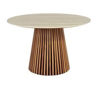 Freya - table à manger ronde effet bois - plateau effet travertin - 6 personnes - Bois / Beige