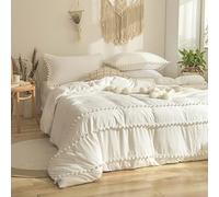Freyamy Boho Housse de Couette 220x240cm+2 Taie d'oreiller 65x65cm Frange Bohème Pompoms Blanc Parure de lit 2 Personnes Adulte Sets de Housse Couette en 100% Microfibre Lavé avec Fermeture Éclair