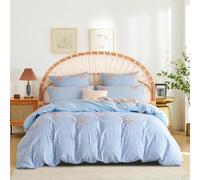 Freyamy Tuftée Housse de Couette 200x200cm à Carreaux Bleu Broderie Parure de Lit 2 Personnes Adulte Ado Filles Shabby Chic Linge de lit avec Fermeture Éclair et 2 Taies d'oreiller 65x65cm