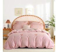 Freyamy Tuftée Housse de Couette 200x200cm à Carreaux Rose Broderie Parure de Lit 2 Personnes Adulte Ado Filles Shabby Chic Linge de lit avec Fermeture Éclair et 2 Taies d'oreiller 65x65cm