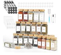 FRIBERG Pot a epices,24x120ml,pot a epices en verre et bois | bocaux à épices,pots à épices de cuisine,entonnoir inclus, brosse de nettoyage, stylo et autocollants