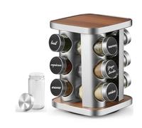 FRIBERG Rangement Epices Cuisine, Rangement Epices en Acier Inoxydable Avec 12 Pots À Épices de 100 Ml, Porte-Épices Rotatif À 360° Avec Entonnoir, Étiquette, Stylo et Brosse de Nettoyage