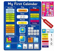 Fridge Magic Calendrier d'apprentissage magnétique interactif pour Enfants - Bleu - Outil éducatif Amusant pour la Sensibilisation au Temps, aux Saisons et à la météo - 40x32 cm avec Boucle de