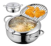 Friteuse japonaise en acier inoxydable pour tempura - Faitout profond de 2,2 l avec contrôle de la température et égouttoir - Petite casserole de 20,1 cm avec poignées de poisson
