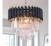 FRIXCHUR Lustre Moderne en Cristal à 3 Niveaux - Lustre en Cristal Lumière 39,9 cm Noir et Or Suspensions pour Salon Cuisine Île Hall E14x5 Ampoule (Ampoule non incluse)..