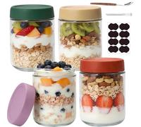 FRKOKRFA Overnight Lot de 4 bocaux à flocons d'avoine de 500 ml avec couvercle à visser pour confiture maison, yaourt, insertion, comme boîtes Mason Jar Meal Prep