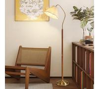 FROIDEXG Lampadaire vintage avec abat-jour réglable en tissu blanc, lampe haute avec corps en bois, interrupteur à pied, lampe de lecture à intensité variable pour chambre, bureau, salle d'étude
