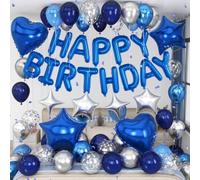 Froova Décorations d'anniversaire bleues et argentées pour homme - Ballons confettis métallisés - Bannière « Happy Birthday » - Ballons en forme de cœur - Ballons étoiles pour garçons - Fournitures de