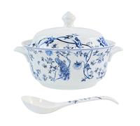 FROOWAN Soupière à soupe en céramique avec couvercle et cuillère, bols de service à soupe en porcelaine avec poignées pour cuisine, divertissement, fête, motif floral bleu et animal, 2,5 L, passe au