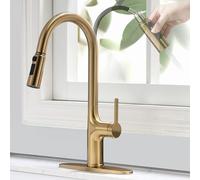 FROPO Robinet de cuisine doré brossé, robinet d'évier de cuisine doré à poignée unique avec pulvérisateur extractible, robinet moderne en acier inoxydable et laiton doré avec plaque de pont Tête de