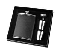 FRUHLING Flasque en acier inoxydable 240 ml - Flasque en cuir noir avec entonnoir et 2 gobelets anti-fuite - Flasque portable pour homme - Pour anniversaire, fête des pères, mariage, Noël