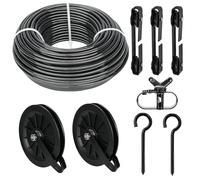 fshihine Corde à Linge de 45 m, Câble métallique gainé en PVC Noir, avec poulie de renvoi en Nylon, Séparateur, Crochet à vis M8 - Corde à Linge - Résistant aux intempéries - pour extérieur
