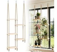 FTISSLY Étagère Suspendue 5 Niveaux pour Plantes - 116 cm - Naturelle Bois + Corde - Réglable en Hauteur - Support Fleurs Intérieur - Gain de Place - Pour Salon, Balcon, Véranda - Sans Perçage