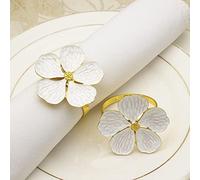 FTVOGUE Ensemble de 6 Ronds de Serviette en Forme de Fleur Dorée, Boucles de Serviette Florales Blanches, Décor de Table avec Alliage Métallique pour Fête de Mariage, Dîner de Thanksgiving