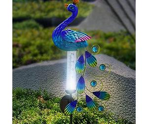FTVOGUE Lampes Solaires d'extérieur en Forme de Paon, Décoration de Jardin en Métal avec Panneau Solaire et Pluviomètre IP65, éclairage de 8 Heures, Assemblage Facile pour Pelouse, Patio, Allée,