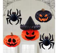 FUANA Décorations d'Halloween en papier à suspendre en forme de citrouille 3D pour boule en nid d'abeille, intérieur ou extérieur, fête sur le thème de la maison hantée, noir pour orange