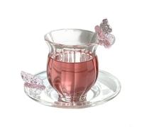 FUANA Tasse à thé en verre floral avec motif papillon rose - Tasse à café nervurée verticale et soucoupe résistante à la chaleur pour la cuisine