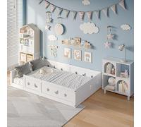 FUCMKON Montessori Lit pour enfant 140 x 200 cm avec protection anti-chute et sommier à lattes, lit de sol, motif étoiles et lune, en pin massif, pour garçons et filles, blanc, sans matelas (blanc B