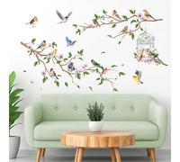 fufuquare Autocollants Muraux sur le thème du jardin, Oiseaux sur des Branches avec des Fleurs, Fresque Murale Cage à Oiseaux, Stickers Muraux amovibles à poser soi même pour le Salon
