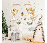 FUFUQUARE Stickers Muraux Ange de Noël Aquarelle Rétro Autocollants Muraux Étoiles Dorées et Colombes Décor de Murale Amovible DIY pour Chambre Salon Fenêtre Vitrine Fête