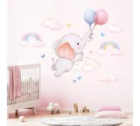 FUFUQUARE Stickers Muraux Éléphant Ballons et Arc-en-ciel Décoration Murale Aquarelle Nuages Cœurs Autocollants Repositionnables pour Chambre Bébé et Enfant Salon