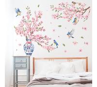 FUFUQUARE Stickers Muraux Fleurs de Cerisier et Oiseaux Décoration Murale Style Chinois avec Vase en Porcelaine Bleue Autocollants Amovibles pour Salon Chambre et Bureau