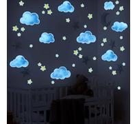 FUFUQUARE Stickers Muraux Nuages Bleus Étoiles Jaunes Fluorescents Décoration de Nuit Aquarelle Autocollants Lumineux Doux pour Chambre Bébé Pépinière Sommeil Enfant
