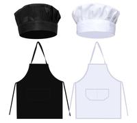 FUIPVGI 4 Pièces Tablier et Chapeau Chef réglable Chef Tablier de cuisine et toque avec 2 Poches, pour barbecue, traiteur, cuisine, Peinture L'artisanat, Garçons Filles (Blanc, Noir)