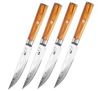 FUJUNI Couteaux à Steak Lame Lisse, 4 Pièces Set de Couteaux à Steak en Acier Damas 67 Couche VG10 Acier Couteau à Viande Professionnel 12,5 cm avec Manche en Bois d'olivier