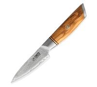 Fukito - Couteau d'Office Olive Damas Design Japonais Lame Damassée 9cm Manche Bois d'Olivier - Vendu dans un Coffret Cadeau