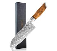 Fukito - Couteau Santoku Olive Damas Design Japonais Lame Damassée 18cm Manche en Bois d'Olivier - Vendu dans un Coffret Noir