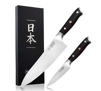 Fukito Ebène X50 - Coffret 2 Couteaux de Cuisine Design Japonais Chef + Office, Lames Acier Inoxydable Allemand au Carbone, Manches Bois d'Ebène - Pour Chefs Professionnels & Particuliers
