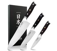 Fukito Ebène X50 - Coffret 3 Couteaux de Cuisine Design Japonais Chef + Universel + Office, Lames Acier Inoxydable Carbone, Manches Bois d'Ebène - Pour Chef Professionnels & Particuliers